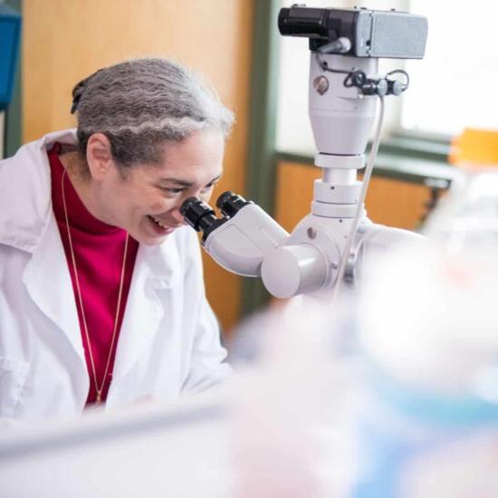 Scientist looking into microscope in Biology lab